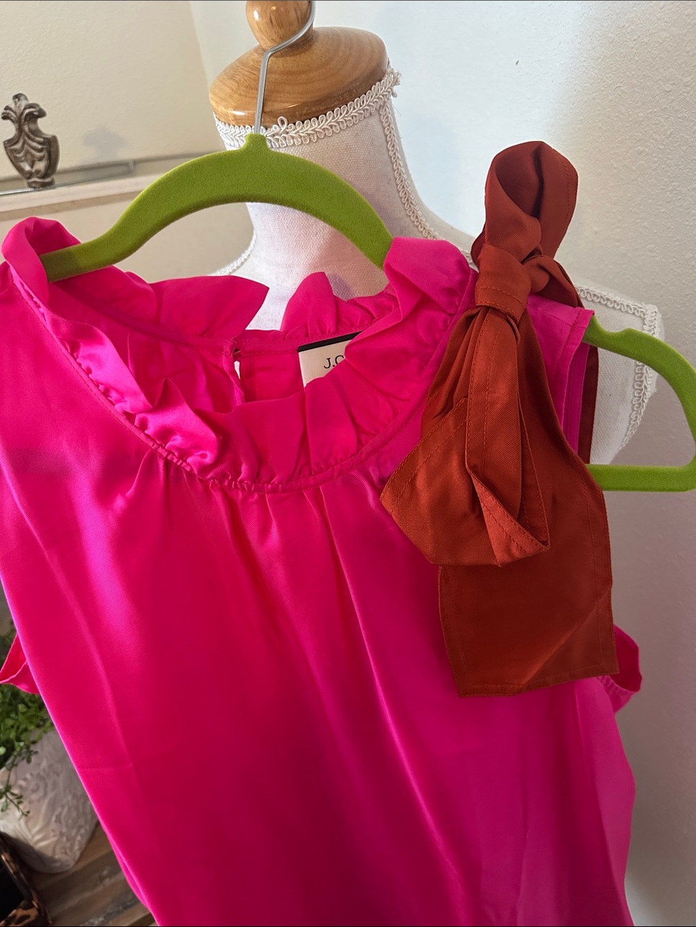 J. Crew Hot Pink Ruffle-Neck Sleeveless Camisole with Rust Shoulder Bow - Picture 2 of 4